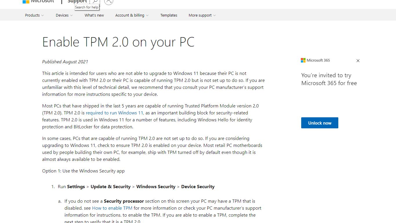 Enable TPM 2.0 on your PC - support.microsoft.com